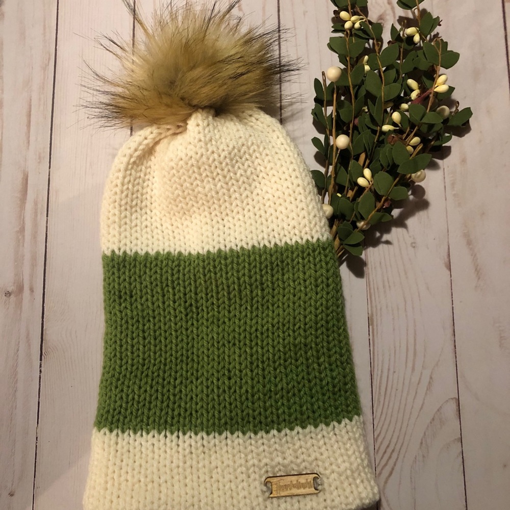 Green and Cream Stripe Slouchy Pom Pom Beanie